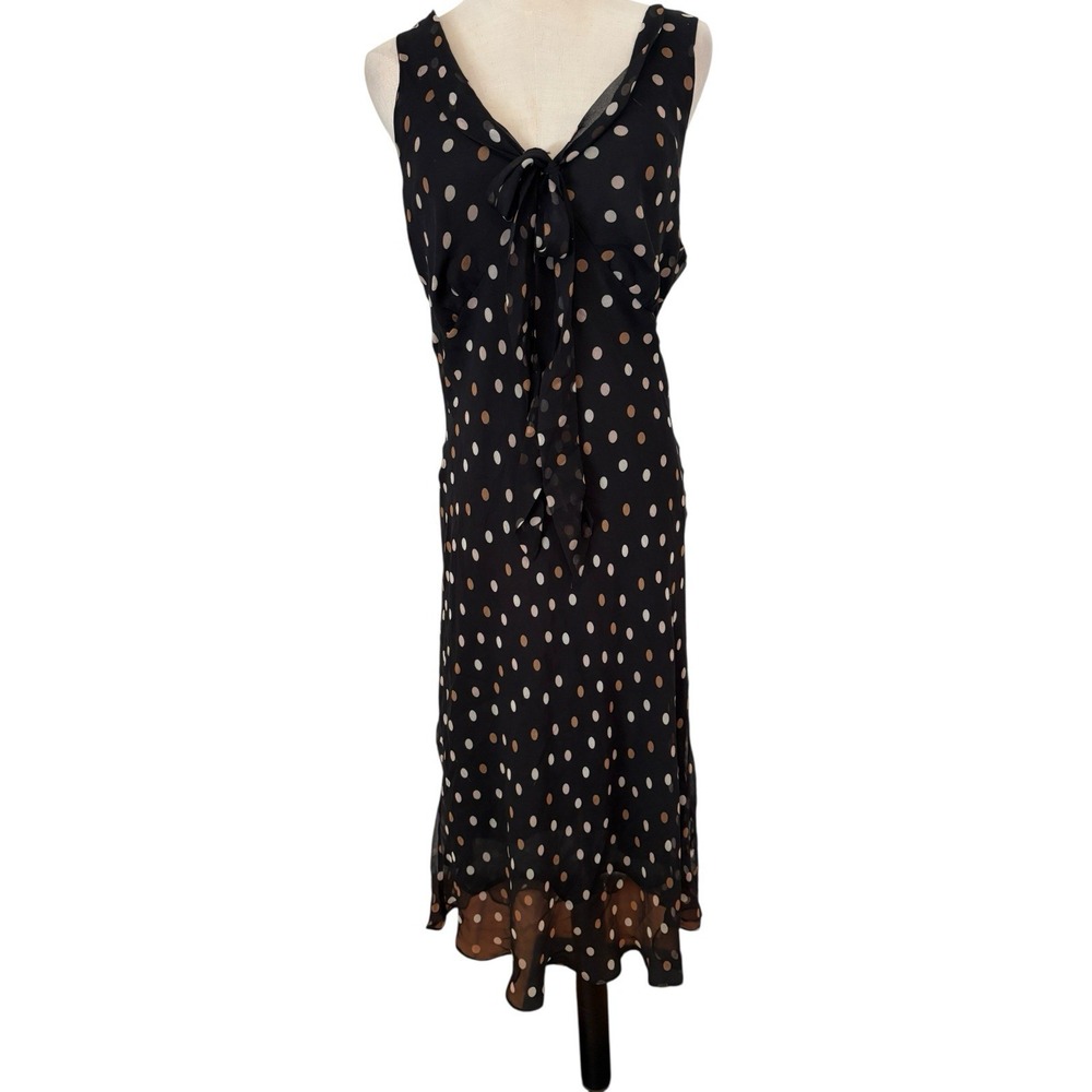 Vtg 90s I.C.E Silk Slip Dress Sz 16 Black Polka Dot Tie Front Midi Retro‎ Y2K